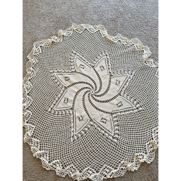 VINTAGE Handmade Beige Round Crochet Table Doily 38" - Picture 3 of 6